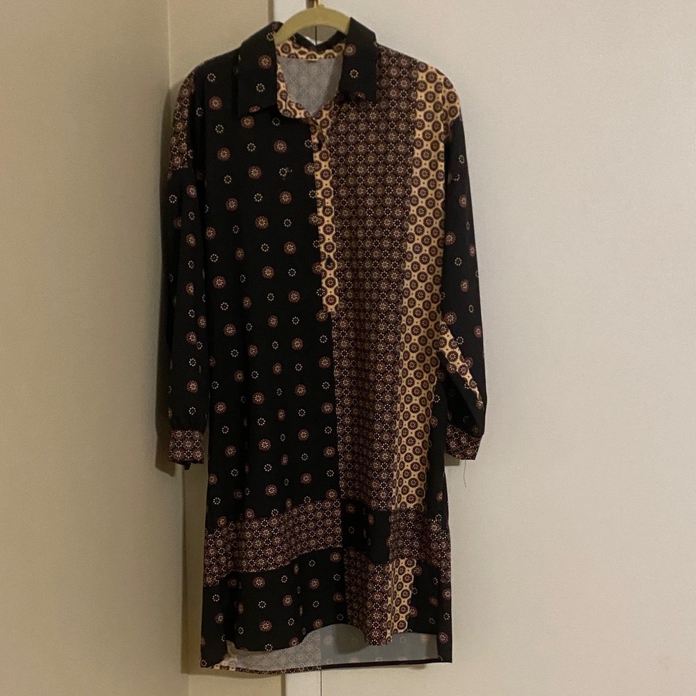Black and Brown Patterned Long Sleeve Dress